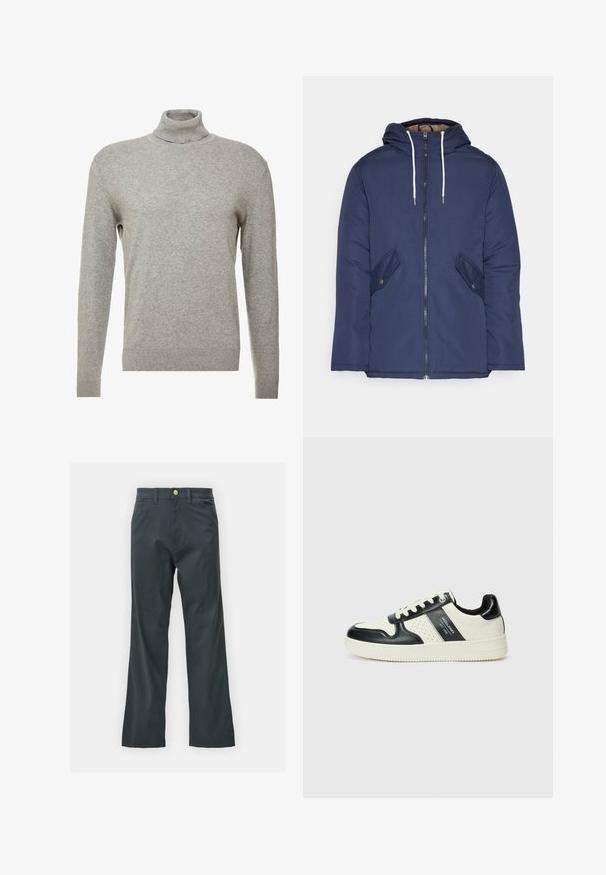 Marineblau gepadded Jacke mit Kapuze, ausgestattet mit einem Reißverschluss vorne, zwei seitlichen Taschen mit Knöpfen und weißen Kordeln.; Grauer Pullover mit hohem Kragen und langen Ärmeln. Hergestellt aus einem glatten, weichen Material mit taillierter Passform und gerippten Akzenten am Saum.; Schwarze Hose mit geradem Bein, aus einem Baumwollmix. Verfügt über einen Metallknopfverschluss und seitliche Taschen. Keine sichtbaren Muster.; Leder-Sneaker in Schwarz- und Cremetönen, mit perforierten Akzenten, einem gepolsterten Kragen und einer strukturierten Laufsohle.