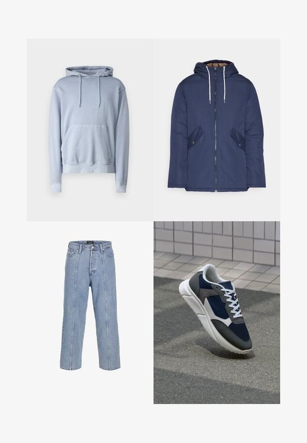 Marinblå vadderad jacka med huva, som har en framdragkedja, två sidofickor med knappar och vita dragsnören.; Ljusblå hoodie i mjukt tyg med en framficka, dragsko på huvan och ribbstickade muddarna och nederkanten. Slät, enkel design utan mönster.; Ljusblå denimjeans med lös passform, vida ben och synliga sömnadsdetaljer. Funktioner en knapp- och dragkedjestängning samt fem fickor.; Sko med överdel i marinblå mesh, grå mockadetaljer, vit gummisula och platta vita snören, designad för komfort och andningsförmåga.