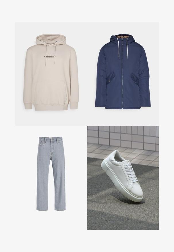 Jūras zila pufīgā jaka ar kapuci, kas aprīkota ar priekšējo rāvējslēdzēju, divām sānu kabatām ar pogām un baltiem aukliņām.; Jack & Jones JORVESTERBRO HOOD - Džemperis ar kapuci - moonbeam; Gai zils džinsu audums ar brīvu piegriezumu, taisnu kāju dizainu, redzamām šuvēm, divām priekšējām kabatām un pogu aizdari.; Baltas ādas sporta apavi ar gludu virsmu, apaļu pirkstu un plakanām baltām šņorēm. Iezīmējas ar strukturētu gumijas zoli un minimālisma dizaina elementiem.
