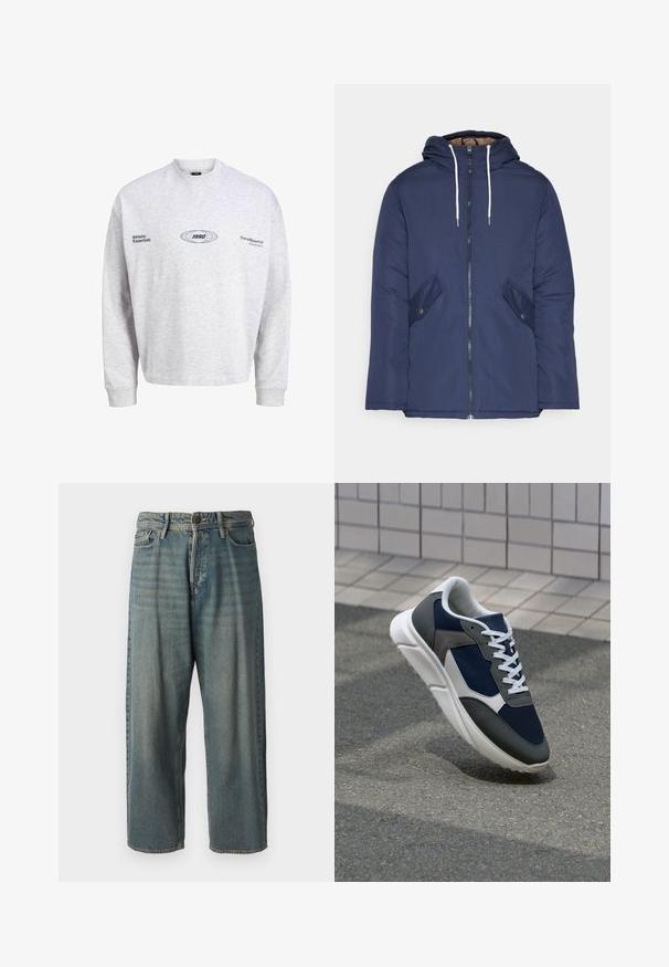 Veste matelassée bleu marine avec capuche, dotée d'une fermeture éclair à l'avant, de deux poches latérales avec boutons et de cordons de serrage blancs.; Sweatshirt en coton gris à manches longues, col rond et texte brodé. Présente les designs "Athletic Essentials" et "1990" sur le devant.; Jeans en denim bleu clair avec une coupe ample, taille mi-haute et jambes droites. Comprend cinq poches, des passants de ceinture et une fermeture à bouton.; Baskets avec une tige en mesh bleu marine, des accents en suède gris, une semelle en caoutchouc blanc et des lacets plats blancs, conçues pour le confort et la respirabilité.