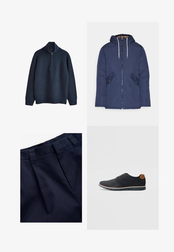 Marineblauwe gewatteerde jas met een capuchon, voorzien van een rits aan de voorkant, twee zijzakken met knopen en witte trekkoorden.; Marineblauwe pullover trui met ribbeltextuur, voorzien van een ritssluiting en een neklijn met opstaande kraag en raglanmouwen. Zachte gebreide stof, relaxte pasvorm.; Navy plissébroek van een gladde, gestructureerde stof. Voorzien van een platte tailleband en riemlussen, ontworpen voor comfort en pasvorm.; Zwarte synthetische schoenen met een gestructureerde bovenkant, gladde accenten, bruine hak en een contrasterende zool. Bevat minimale veters en stikdetails.