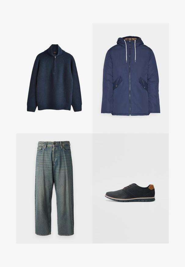 Giacca imbottita blu navy con cappuccio, dotata di zip frontale, due tasche laterali con bottoni e lacci bianchi.; Maglione a pullover blu navy con texture a coste, dotato di colletto a zip e maniche raglan. Materiale lavorato a maglia morbido, vestibilità comoda.; Jeans di denim azzurro chiaro con vestibilità ampia, vita media e gambe dritte. Presenta cinque tasche, passanti per cintura e chiusura con bottone.; Scarpe sintetiche nere con tomaia testurizzata, dettagli lisci, tacco marrone e suola a contrasto. Presentano una lacerazione minimale e dettagli di cucitura.