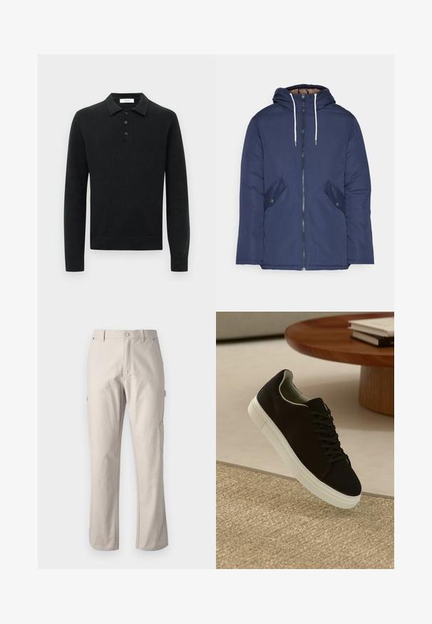 Marineblå polstret jakke med hette, med glidelås foran, to sidelommer med knapper og hvite snorer.; Svart langermet strikket polo genser med tre svarte knapper og nedbrettbar krage, vist på hvit bakgrunn.; Beige cargo bukser laget av slitesterk bomull med rette ben, frontlukking med knapp og sidelommer for nytte. Jevn tekstur med subtile sømmer.; Svart sneakers med hvit såle som svever over en beige teksturert teppe nær et rundt trebord med stablede bøker.