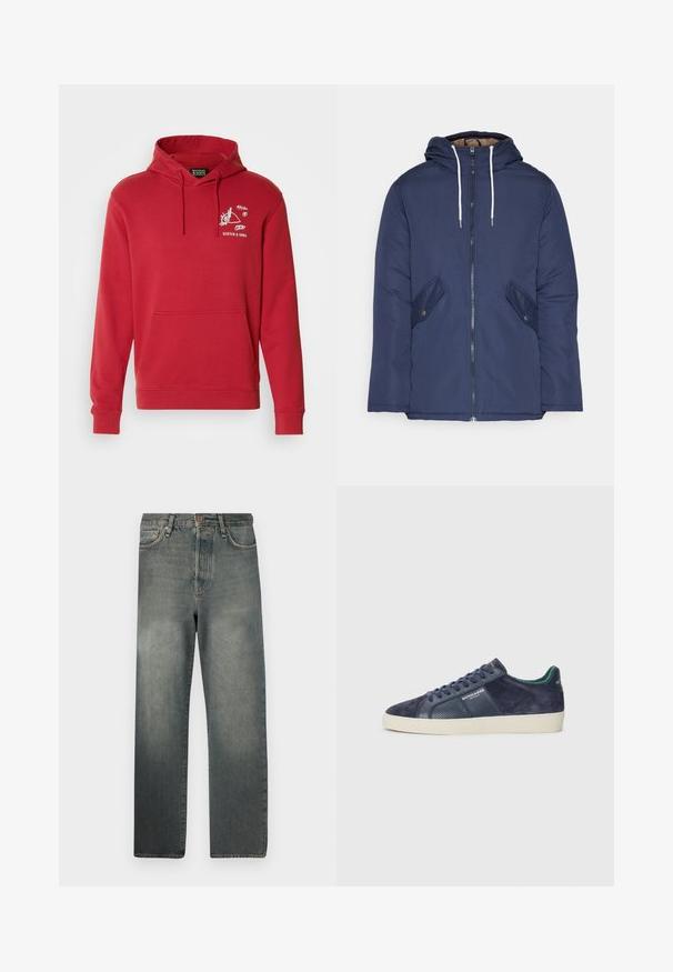 Jachetă căptușită bleu marin cu glugă, având un fermoar frontal, două buzunare laterale cu nasturi și șnururi albe.; Hanorac roșu din bumbac cu buzunar tip cangur, glugă cu șnur și imprimeu grafic alb pe piept, care prezintă un design geometric.; Jack & Jones JJIALEX JJCOOPER - Blugi largi - black denim; Adidași bleumarin din piele întoarsă și piele, cu un design perforat, șireturi plate și o talpă din cauciuc alb contrastant.