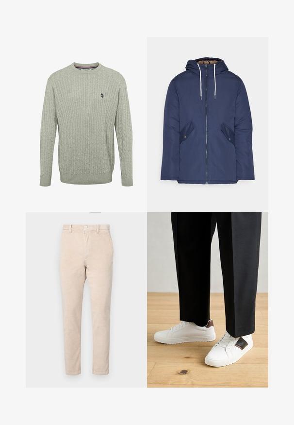 Sötétkék bélelt dzseki kapucnival, elülső cipzárral, két oldalsó zsebbel gombokkal és fehér húzózsinórokkal.; Világosszürke kötött pulóver, fonott mintával, kerek nyakkivágással és bordás mandzsettával. Hímzett logó a bal mellen.; Bézs cordúrpant, egyenes szárú szabással, gombos záródással, övhurkokkal és finom bordázott textúrával.; Fehér sneaker, sima textúrával, barna bőr díszítéssel és fekete részletekkel, fekete szabott nadrággal párosítva. Fából készült padló háttér.