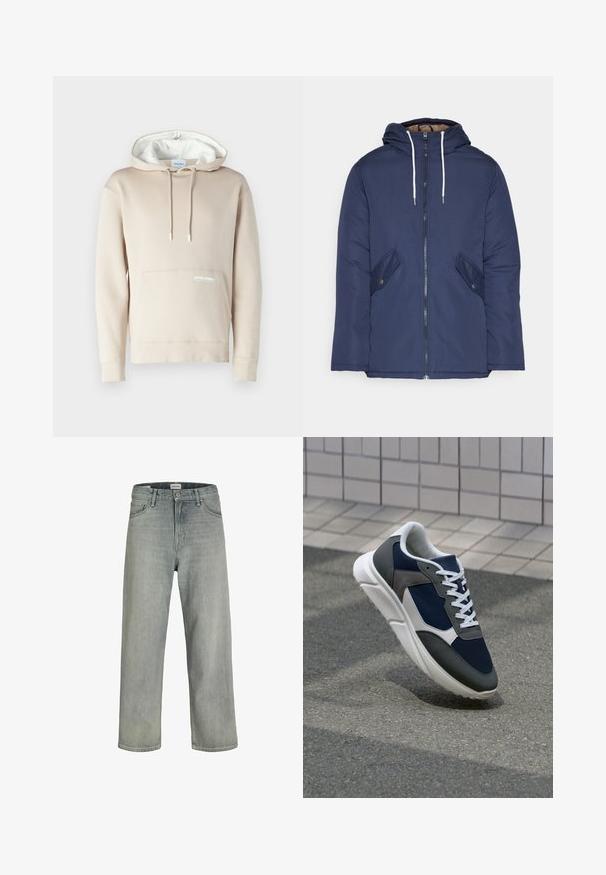 Marineblå polstret jakke med hette, med glidelås foran, to sidelommer med knapper og hvite snorer.; Beige hettegenser med hvit kant rundt hetta, snor og sidelommer. Har en subtil logo på lommen. Laget av mykt stoff.; Lys grå, løstsittende jeans laget av denim. Har en klassisk fem-lomme-design, beltehemper og en rett ben-silhuett.; Sneakers med en navy blå mesh-overdel, grå sømværk, hvit gummisåle og flate hvite snører, designet for komfort og pusteevne.