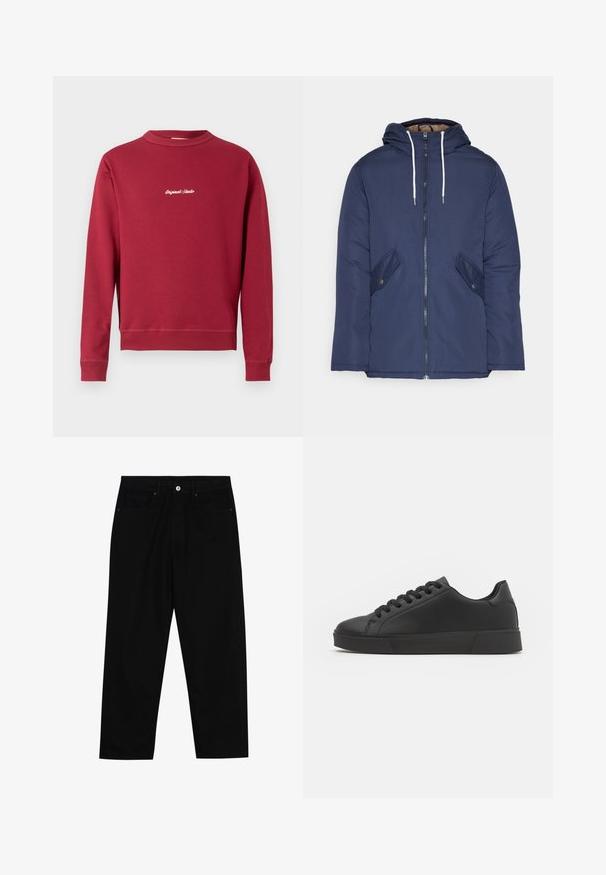 Navy blue padded jacket with a hood, featuring a front zipper, two side pockets with buttons, and white drawstrings.; Burgundy sweatshirt made of cotton blend with a crew neck, ribbed cuffs, and hem. Features white embroidered text "Original Studio" on the front.; Black denim pants featuring a straight-leg cut, five-pocket design, and a front button closure. Smooth texture with minimal stitching details.; Black low-top sneakers made of smooth synthetic material. Rounded toe, lace-up design, and flat rubber sole with textured accents.