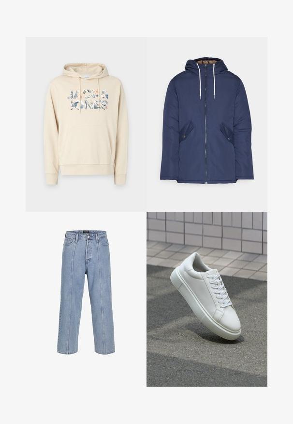 Giacca imbottita blu navy con cappuccio, dotata di zip frontale, due tasche laterali con bottoni e lacci bianchi.; Felpa beige con tasca a marsupio e cappuccio regolabile. Presenta una grafica testuale multicolore "JACK & JONES" in un design tropicale.; Jeans in denim blu chiaro con una vestibilità ampia, gambe larghe e dettagli di cucitura visibili. Presenta una chiusura con bottone e zip, cinque tasche.; Sneaker bianco in pelle con superficie liscia, punta rotonda e lacci piatti bianchi. Presenta una suola in gomma texturizzata e un design minimale.