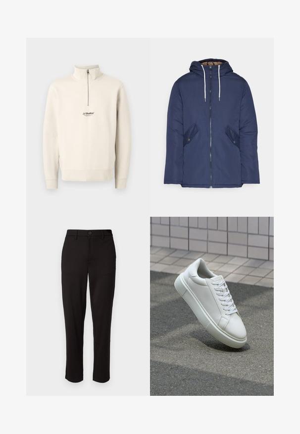 Námornícky modrá vystužená bunda s kapucňou, so zipsom vpredu, dvomi bočnými vreckami s gombíkmi a bielymi šnúrkami.; Beige mikina s krátkym zipsom a dlhými rukávmi, s rebrovanými manžetami. Na hrudi sa nachádza malé čierne logo "JJ Studios". Vyrobená z mäkkého materiálu.; Čierne nohavice vyrobené z ľahkého materiálu, so strihaním do rovného strihu, predným zapínaním na gombík, pútkom na opasok a bočnými vreckami.; Biele kožené tenisky s hladkým povrchom, okrúhlym špičkou a plochými bielymi šnúrkami. Obsahuje štruktúrovanú gumovú podrážku a minimalistický dizajn.