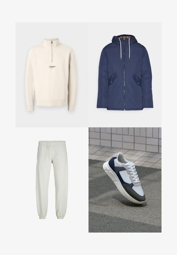 Marineblauwe gewatteerde jas met een capuchon, voorzien van een rits aan de voorkant, twee zijzakken met knopen en witte trekkoorden.; Beige kwart rits sweatshirt met lange mouwen en geribbelde boorden. Bevat een klein zwart "JJ Studios" logo op de borst. Gemaakt van zacht materiaal.; Witte sweatpants gemaakt van zachte stof, met een elastische tailleband en boorden, een gladde textuur en een losvallend ontwerp.; Witte, marineblauwe en grijze sneaker met een gemengde materiaald ontwerp, met een gestructureerde bovenkant, platte veters en een gevoerde zool.