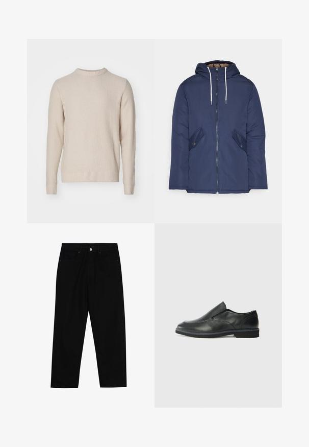 Marineblauwe gewatteerde jas met een capuchon, voorzien van een rits aan de voorkant, twee zijzakken met knopen en witte trekkoorden.; Gebreide trui in lichtbeige met een gestructureerd patroon, ronde halslijn, geribbelde manchetten en zoom, vervaardigd uit een zachte, warme stof.; Zwarte denim broek met een recht gesneden pasvorm, vijf gebruikersvriendelijke zakken en een sluiting met een knoop aan de voorkant. Soepele textuur met minimale stikdetails.; Zwarte leren instapper met een soepele bovenkant, gestikte accenten, ronde neus en een lage rubberen hak. De zool heeft minimale profiel.