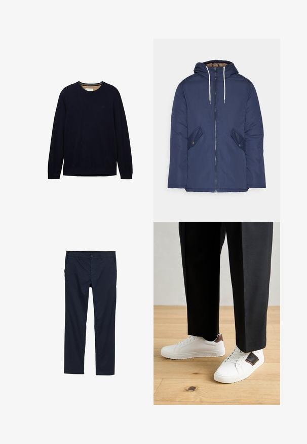 Tumesinine vahtkatseline jakk, millel on kapuuts, esilukk, kaks küljetaskut nupuga ja valged tõmblukud.; Tumesinine sünkrooni, pehmest materjalist kootud kampsun, millel on ümar kaelus, pikad varrukad ja diskreetne logo rinnal. Sile tekstuur ja mugav lõige.; Tumed sinine kerged püksid, millel on sile tekstuur, sirge sääre disain, nööbiga sulgemine ja küljetaskud.; Valged sneakersid siledat tekstuurist, millel on pruunad nahast detailid ja mustad aksessuaarid, millele on sobitatud mustad kohandatud püksid. Puitpõranda taust.