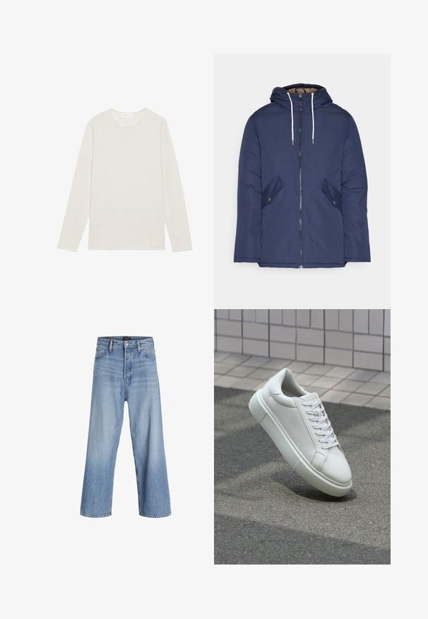 Tumesinine vahtkatseline jakk, millel on kapuuts, esilukk, kaks küljetaskut nupuga ja valged tõmblukud.; Kreem värvi pikakätised T-särk, mis on valmistatud pehmest kudumist. Omab ümmargust kaelust ja lõdva istuvuse, ilma nähtavate mustrite või aktsentideta.; Heledad sinise denimi laiad püksid kõrge vöökoht, nupuga sulgemine, viie tasku disain ja kerge pleekimine. Puhtad äärised.; Valge nahkline sneka, millel on sile pind, ümar varvas ja lame valge pael. Omab tekstuuriga kummist talla ja minimaalset kujunduselementi.