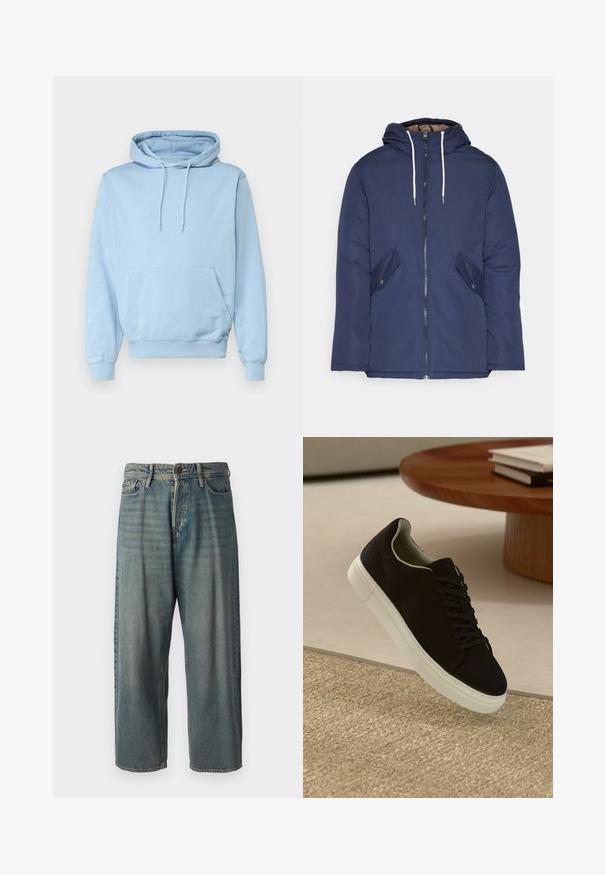 Sötétkék bélelt dzseki kapucnival, elülső cipzárral, két oldalsó zsebbel gombokkal és fehér húzózsinórokkal.; Világoskék kapucnis pulóver, puha anyagból készült, elöl kenguruzsebbel és zsinóros kapucnival. Bordás mandzsetta és alja.; Világoskék farmernadrág, laza fazonnal, közepes derékbőséggel és egyenes szárral. Öt zsebet, övbucskát és gombos záródást tartalmaz.; Fekete sneakers fehér talppal lebeg egy bézs textúrájú szőnyeg felett, egy kerek fából készült asztal közelében, rajta egymásra pakolt könyvekkel.
