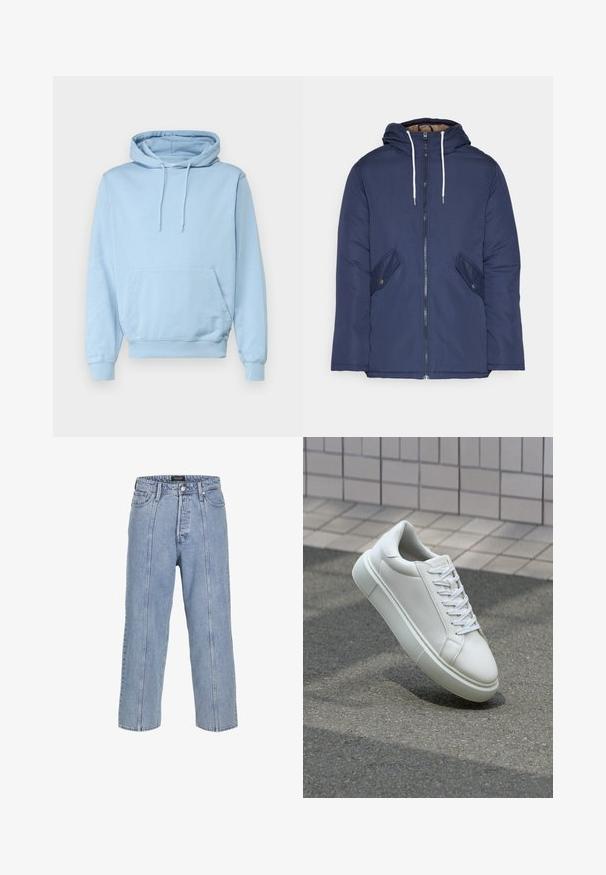 Námornícky modrá vystužená bunda s kapucňou, so zipsom vpredu, dvomi bočnými vreckami s gombíkmi a bielymi šnúrkami.; Svetlo modrá mikina s kapucňou vyrobená z jemného materiálu, s prednou klokankou a kapucňou so šnúrkou. Rúbané manžety a spodný lem.; Svetlo modré denimové nohavice s voľným strihom, širokými nohavicami a viditeľnými šitými detailmi. Obsahujú zapínanie na gombík a zips, päť vreciek.; Biele kožené tenisky s hladkým povrchom, okrúhlym špičkou a plochými bielymi šnúrkami. Obsahuje štruktúrovanú gumovú podrážku a minimalistický dizajn.