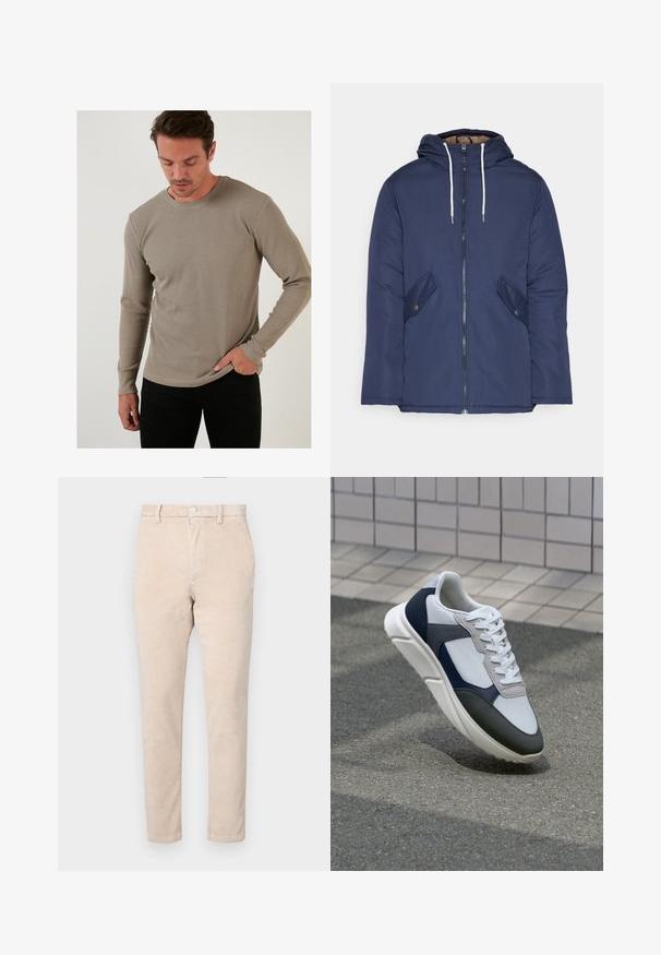 Tumesinine vahtkatseline jakk, millel on kapuuts, esilukk, kaks küljetaskut nupuga ja valged tõmblukud.; Beez prindiga pikkade varrukatega termopesu särk, ümar kaelus ja sobivad varrukad, koos mustade pükstega.; Beežid pitsiääred püksid sirge lõikega, millel on nupuga sulgemine, vöölukud ja peen tuulepuhundamine.; Valge, mereväe sinine ja hall spordijalats, millel on segatud materjalide disain, tekstureeritud ülemine osa, lame pael ja pehme talla.