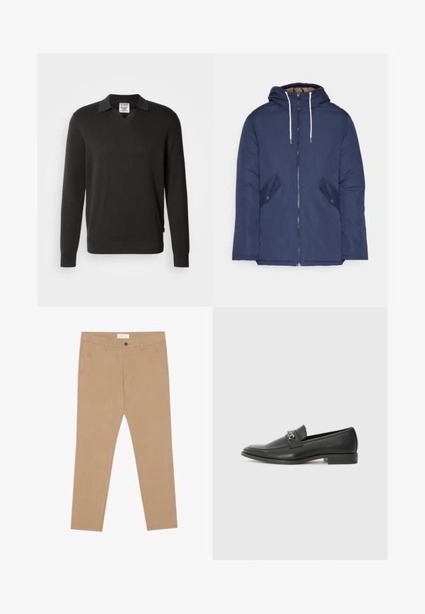 Marinblå vadderad jacka med huva, som har en framdragkedja, två sidofickor med knappar och vita dragsnören.; Svart långärmad tröja med V-ringning och kragsdesign. Tillverkad av ett mjukt stickat tyg, med ribbade muddar och nederkant.; Khaki chinos tillverkade av bomullsblandning, med slät framsida, två sidofickor och en bakficka. Lätt tyg med en mjuk textur.; Svart läderloafers med en slät yta, med en sydd design och en dekorativ metallkedjeaccent över västen. Platt häldesign.