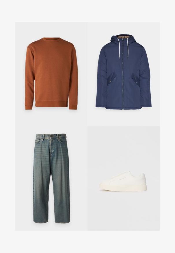 Marineblå polstret jakke med hette, med glidelås foran, to sidelommer med knapper og hvite snorer.; Jack & Jones JJEBRADLEY CREW - Sweatshirt - mocha bisque; Lyseblå denimjeans med løs passform, midjehøyde og rette ben. Har fem lommer, beltehemper og knappelukking.; Hvite slip-on joggesko med teksturert overflate, tykk såle og minimalistisk design. Har merkevarelogo på siden.