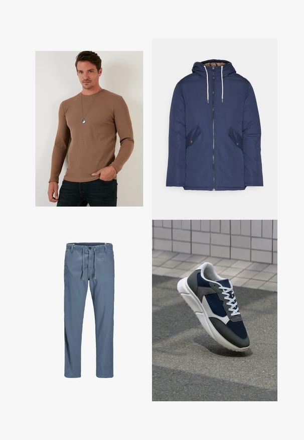 Mornarsko modra podložena jakna s kapuco, ki ima sprednji zadrgo, dva stranska žepa s gumbi in bele vrvice.; Rjava rebrasta dolgesleeve majica iz teksturiranega blaga, s krožnim izrezom in oprijetim krojem, združena z temnimi kavbojkami.; Modre, lahke, bombažne hlače z elastičnim pasom za zategovanje, gumbom za zapiranje in stranskimi žepi. Naravnost krojene zankane nogavice brez vidnih vzorcev.; Superge z zgornjim delom iz mrežaste tkanine v mornarsko modri barvi, sivi usnjeni poudarki, belo gumijasto podplato in ravnimi belimi vezalkami, zasnovane za udobje in zračnost.