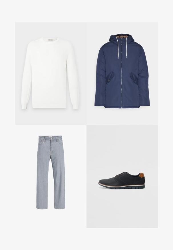 Granatowa pikowana kurtka z kapturem, z zamkiem z przodu, dwoma bocznymi kieszeniami z guzikami oraz białymi sznurkami.; Biały sweter dzianinowy z okrągłym dekoltem i ściągaczami. Tekstura jest subtelnie wzorzona poziomymi paskami.; Jasnoniebieskie dżinsy o luźnym kroju, prostych nogawkach, widocznym szwie, dwóch przednich kieszeniach i zapięciu na guzik.; Czarne syntetyczne buty z fakturowaną cholewką, gładkimi akcentami, brązowym obcasem i kontrastującą podeszwą. Charakteryzują się minimalnym sznurowaniem i detalami w szwach.