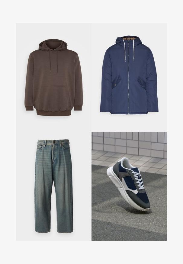 Námornícky modrá vystužená bunda s kapucňou, so zipsom vpredu, dvomi bočnými vreckami s gombíkmi a bielymi šnúrkami.; Hnedá mikina s kapucňou vyrobená z mäkkého materiálu, so predným vreckom, šnúrkami na stiahnutie a rebrovanými manžetami a lemom. Jednoduchý dizajn bez vzorov.; Svetlomodré denimové nohavice so voľným strihom, stredne vysokým pásom a rovnými nohavicami. Obsahujú päť vreciek, pútka na opasok a zapínanie na gombík.; Tenisky s sieťovinou v námorníckej modrej farbe, so sivými semišovými detailmi, bielou gumovou podrážkou a plochými bielymi šnúrkami, navrhnuté pre pohodlie a priedušnosť.