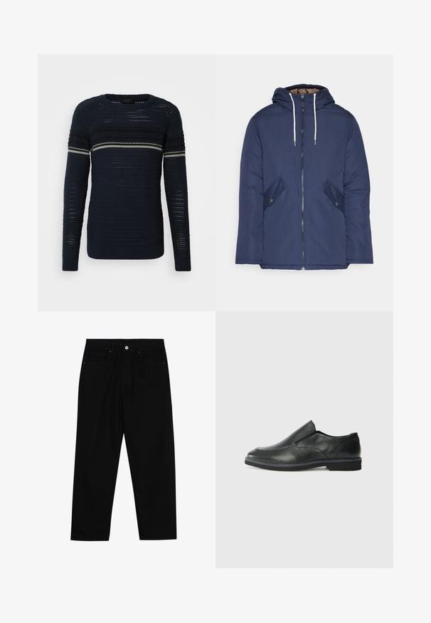 Navy blue padded jacket with a hood, featuring a front zipper, two side pockets with buttons, and white drawstrings.; Navy knitted sweater with a round neck, featuring horizontal stripes in lighter shades and a textured pattern throughout. Long sleeves.; Black denim pants featuring a straight-leg cut, five-pocket design, and a front button closure. Smooth texture with minimal stitching details.; Black leather slip-on shoe with a smooth upper, stitched accents, rounded toe, and a low rubber heel. Sole features minimal tread.