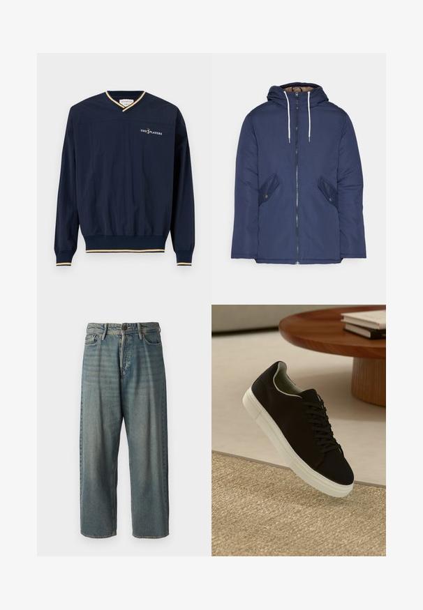 Marineblau gepadded Jacke mit Kapuze, ausgestattet mit einem Reißverschluss vorne, zwei seitlichen Taschen mit Knöpfen und weißen Kordeln.; Marineblauer Pullover mit V-Ausschnitt, langen Ärmeln, elastischem Saum und goldenen Akzenten an den Bündchen. Mit "THE PLAYERS" auf der Brust gestickt.; Helle blaue Denim-Jeans mit lockerer Passform, mittelhoher Taille und geraden Beinen. Hat fünf Taschen, Gürtelschlaufen und einen Knopfverschluss.; Schwarze Sneakers mit weißer Sohle, die über einem beige strukturierten Teppich schweben, in der Nähe eines runden Holztisches mit gestapelten Büchern.