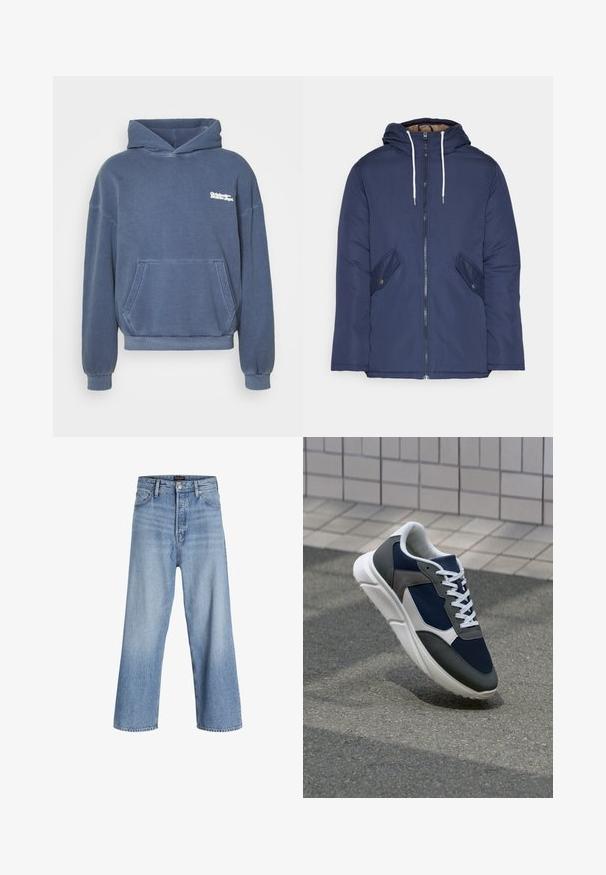 Chaqueta acolchada de color azul marino con capucha, cuenta con un cierre frontal de cremallera, dos bolsillos laterales con botones y cordones blancos.; Sudadera con capucha azul fabricada en una mezcla de algodón. Presenta un bolsillo frontal tipo canguro y puños acanalados. Logo distintivo impreso en blanco.; Jeans de mezclilla de color azul claro, de pierna ancha y cintura alta, con cierre de botones, diseño de cinco bolsillos y un ligero desvanecimiento. Con los dobladillos limpios.; Zapatillas con una parte superior de malla azul marino, detalles en gamuza gris, suela de goma blanca y cordones blancos planos, diseñadas para la comodidad y transpirabilidad.