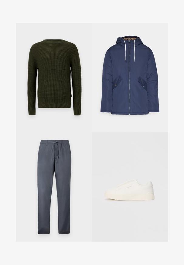 Jachetă căptușită bleu marin cu glugă, având un fermoar frontal, două buzunare laterale cu nasturi și șnururi albe.; Pulover tricotat de culoare verde măsliniu, cu guler rotund, mâneci lungi și manșete cu dungi. Are un model texturat și o croială lejeră.; Pantaloni gri dintr-un material neted, cu închidere prin şnur şi buzunare laterale. Model cu picioare drepte, cu un finisaj curat.; Tenisi albi slip-on cu o suprafață texturată, talpă groasă și un design minimalist. Prezintă logo-ul brandului pe lateral.
