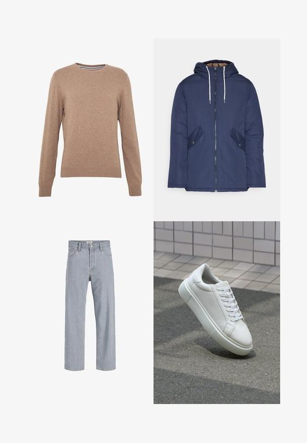 Jūras zila pufīgā jaka ar kapuci, kas aprīkota ar priekšējo rāvējslēdzēju, divām sānu kabatām ar pogām un baltiem aukliņām.; Brūns džemperis, izgatavots no adīta auduma, ar apaļu kakla izgriezumu un garām piedurknēm. Ribotas piedurknes un apakšmalas, vienkrāsains ar mīkstu tekstūru.; Gai zils džinsu audums ar brīvu piegriezumu, taisnu kāju dizainu, redzamām šuvēm, divām priekšējām kabatām un pogu aizdari.; Baltas ādas sporta apavi ar gludu virsmu, apaļu pirkstu un plakanām baltām šņorēm. Iezīmējas ar strukturētu gumijas zoli un minimālisma dizaina elementiem.