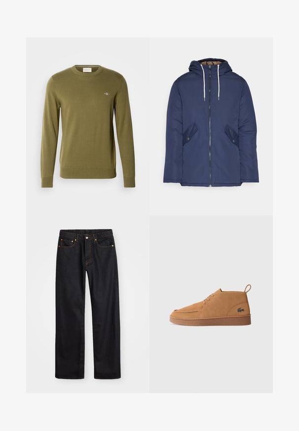 Sötétkék bélelt dzseki kapucnival, elülső cipzárral, két oldalsó zsebbel gombokkal és fehér húzózsinórokkal.; Olívazöld kötött pulóver kereknyakkal, hosszú ujjal, bordás mandzsettával és aljjal. Kicsi hímzett logó található a mellkason.; Férfi egyenes szabású fekete farmernadrág öt zsebbel és narancssárga varrással, gombos és cipzáros záródással elöl.; Barna velúr fűzős bokacipő, gumi talppal és húzófüllel, az oldalán jellegzetes krokodil logóval.