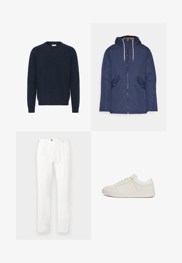 Marineblauwe gewatteerde jas met een capuchon, voorzien van een rits aan de voorkant, twee zijzakken met knopen en witte trekkoorden.; Marineblauwe gebreide trui met een ronde hals, lange mouwen en geribde manchetten; gemaakt van zacht, gestructureerd materiaal. Geen patronen of accenten zichtbaar.; Witte broeken met een platte voorkant, twee plooien en een knoopsluiting. Gemaakt van lichte stof, met rechte pijpen en opgerolde manchetten.; Witte leren sneaker met een soepele textuur, ronde neus, platte rubberen zool en ingewikkelde stiksels. Beschikt over een logo detail aan de zijkant.
