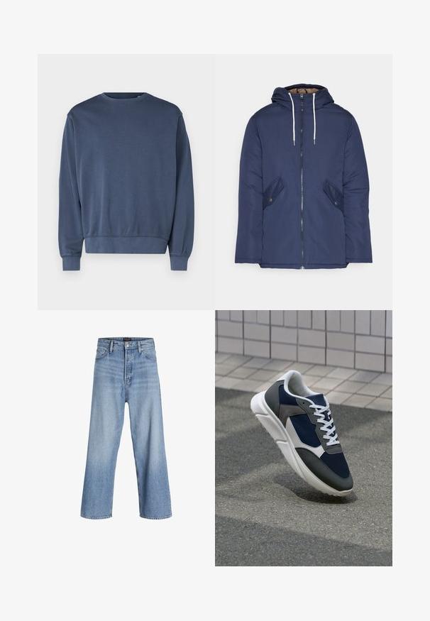 Tumesinine vahtkatseline jakk, millel on kapuuts, esilukk, kaks küljetaskut nupuga ja valged tõmblukud.; Tumedat sinise värvi mütsiga pehme kangaga, ümmarguse kaela auguga, pikad varrukad ning soonikkoes mansetid ja alläär. Lihtne disain, ilma mustrite või graafikateta.; Heledad sinise denimi laiad püksid kõrge vöökoht, nupuga sulgemine, viie tasku disain ja kerge pleekimine. Puhtad äärised.; Sneaker, mille sinine võrkkangas, hallid nubukdetailid, valge kummitald ja lamedad valged paelad, disainitud mugavuseks ja hingavuseks.