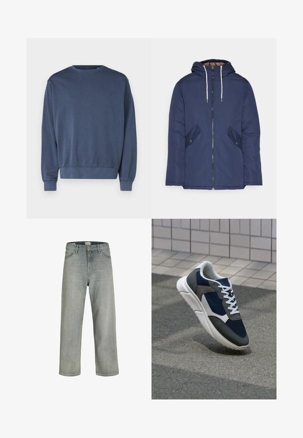 Giacca imbottita blu navy con cappuccio, dotata di zip frontale, due tasche laterali con bottoni e lacci bianchi.; Felpa blu scuro in morbido tessuto, con collo a giro e maniche lunghe, e polsini e orlo a coste. Design semplice, senza motivi o grafiche.; Jeans grigi chiaro, con vestibilità comoda, realizzati in denim. Presentano un classico design a cinque tasche, passanti per cintura e una silhouette a gamba dritta.; Sneaker con tomaia in rete blu navy, inserti in suede grigio, suola in gomma bianca e lacci bianchi piatti, progettata per comfort e traspirabilità.