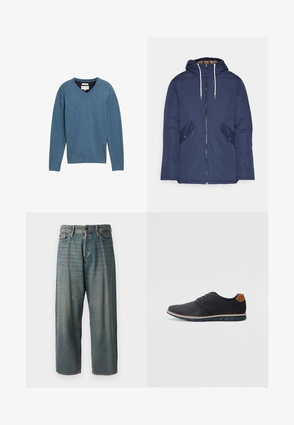 Jachetă căptușită bleu marin cu glugă, având un fermoar frontal, două buzunare laterale cu nasturi și șnururi albe.; Pulover din bumbac albastru, cu decolteu în V, mâneci lungi și manșete cu nervuri. Prezintă un mic logo pe piept și un material moale, texturat.; Jeans din denim bleu deschis, cu o croială lejeră, talie medie și picioare drepte. Au cinci buzunare, bucle pentru curea și închidere cu nasture.; Pantofi sintetici negri cu un superior texturat, accente netede, toc maro și o talpă contrastantă. Prezintă un șnur minimalist și detalii de cusătură.