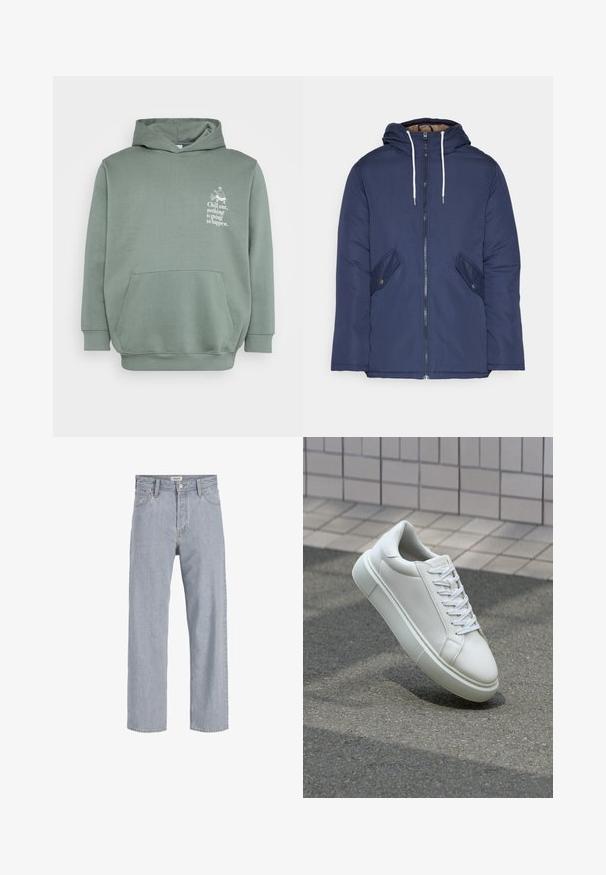 Laivasilkkinen vuorattu takki hupulla, jossa on etuvetoketju, kaksi nappikiinnityksellä varustettua sivutaskua ja valkoiset nyörit.; Hoodie vaaleanvihreä, valmistettu pehmeästä kankaasta. Sisältää etutaskun, nyöripäähineen ja painetun tekstin yhdessä graafisen suunnittelun kanssa rinnassa.; Vaaleansiniset farkut rento istuvuus, suorat lahkeet, näkyvät saumat, kaksi etutaskua ja napitus.; Valkoinen nahkainen lenkkari, jossa on sileä pinta, pyöreä kärki ja tasaiset valkoiset nauhat. Varustettu teksturoidulla kumi-pohjalla ja vähäisillä muotoiluelementeillä.