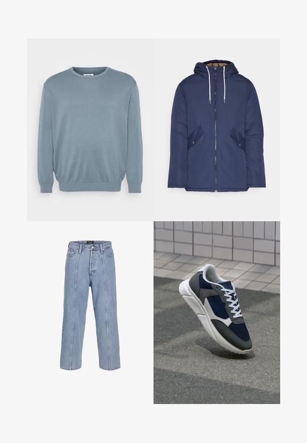 Navy blue padded jacket with a hood, featuring a front zipper, two side pockets with buttons, and white drawstrings.; Light blue sweater made of knitted fabric, featuring a round neckline and ribbed cuffs and hem. Simple design with a soft texture.; Light blue denim jeans with a loose fit, wide legs, and visible stitching details. Features a button and zip fly closure, five pockets.; Sneaker featuring a navy blue mesh upper, gray suede accents, white rubber sole, and flat white laces, designed for comfort and breathability.