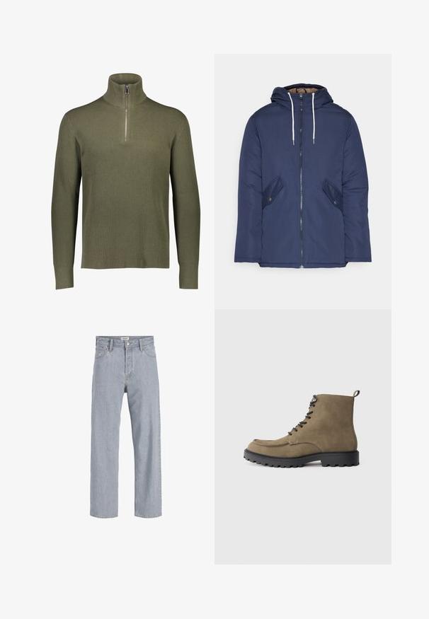 Granatowa pikowana kurtka z kapturem, z zamkiem z przodu, dwoma bocznymi kieszeniami z guzikami oraz białymi sznurkami.; Zielonooliwkowy sweter z prążkowanego dzianiny z wysokim kołnierzem i ćwierć-zamkiem. Posiada długie rękawy i teksturowane wykończenie.; Jasnoniebieskie dżinsy o luźnym kroju, prostych nogawkach, widocznym szwie, dwóch przednich kieszeniach i zapięciu na guzik.; Kasztanowe zamszowe buty z czarną gumową podeszwą, okrągłym noskiem, sznurowanym przodem i kontrastowym przeszyciem. Posiadają pętelkę na pięcie ułatwiającą zakładanie.
