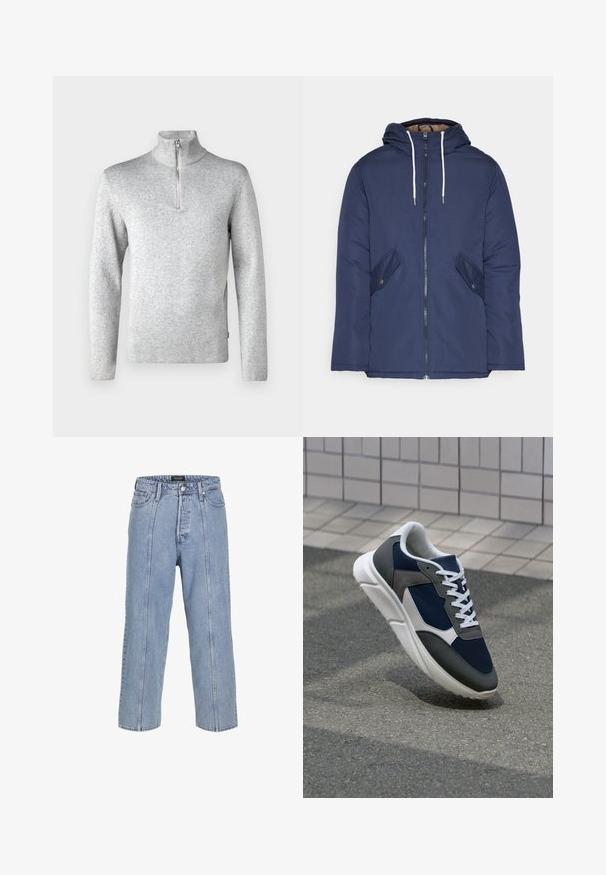Giacca imbottita blu navy con cappuccio, dotata di zip frontale, due tasche laterali con bottoni e lacci bianchi.; Jack & Jones PREMIUM JPRBLAMILANO HALF ZIP - Maglione - light grey melange; Jeans in denim blu chiaro con una vestibilità ampia, gambe larghe e dettagli di cucitura visibili. Presenta una chiusura con bottone e zip, cinque tasche.; Sneaker con tomaia in rete blu navy, inserti in suede grigio, suola in gomma bianca e lacci bianchi piatti, progettata per comfort e traspirabilità.