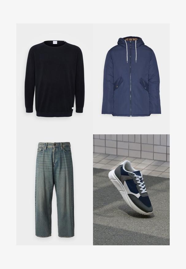 Navy blue padded jacket with a hood, featuring a front zipper, two side pockets with buttons, and white drawstrings.; Black knitted sweater with a round neckline and long raglan sleeves. Features ribbed cuffs and hem, textured fabric, and a small label at the hem.; Light blue denim jeans with a loose fit, mid-rise waist, and straight legs. Features five pockets, belt loops, and a button closure.; Sneaker featuring a navy blue mesh upper, gray suede accents, white rubber sole, and flat white laces, designed for comfort and breathability.