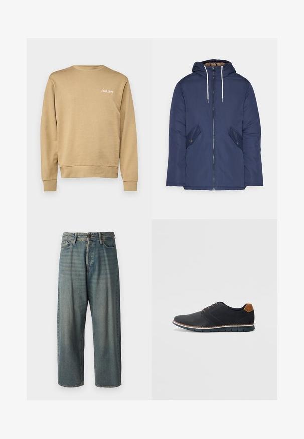 Námornícky modrá vystužená bunda s kapucňou, so zipsom vpredu, dvomi bočnými vreckami s gombíkmi a bielymi šnúrkami.; Béžová mikina s rebrovaným okrajom okolo krku a rukávov, naľavo na hrudi s jemným bielym textom "Club1990". Hladký povrch.; Svetlomodré denimové nohavice so voľným strihom, stredne vysokým pásom a rovnými nohavicami. Obsahujú päť vreciek, pútka na opasok a zapínanie na gombík.; Čierne syntetické topánky so štruktúrovaným zvrškom, hladkými akcentmi, hnedým opätkom a kontrastnou podrážkou. Majú minimálne šnurovanie a detaily prešitia.