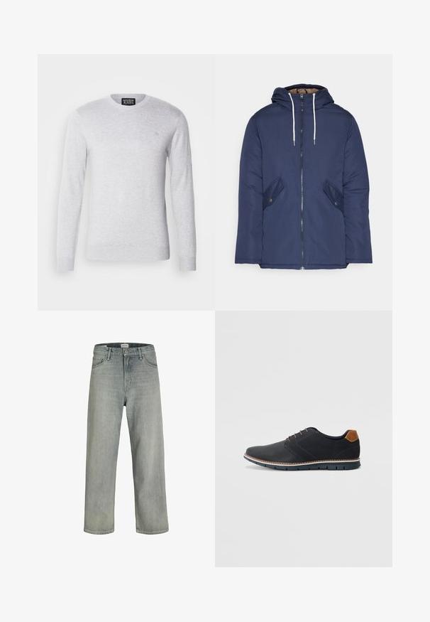 Marineblau gepadded Jacke mit Kapuze, ausgestattet mit einem Reißverschluss vorne, zwei seitlichen Taschen mit Knöpfen und weißen Kordeln.; Hellgrauer, gestrickter Pullover mit langen Ärmeln, Rundhalsausschnitt und einem kleinen, auf der Brust gestickten Logo. Weicher Stoff, lässiges Design.; Hellgraue, locker sitzende Jeans aus Denim. Verfügt über ein klassisches Fünf-Taschen-Design, Gürtelschlaufen und eine gerade Bein-Silhouette.; Schwarze synthetische Schuhe mit einer strukturierten Oberseite, glatten Akzenten, braunem Absatz und einer kontrastierenden Sohle. Verfügt über minimale Schnürung und Nähdetails.