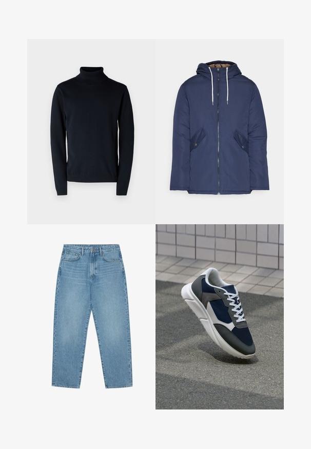 Mornarsko modra podložena jakna s kapuco, ki ima sprednji zadrgo, dva stranska žepa s gumbi in bele vrvice.; Temno modra pulover s stoječim ovratnikom, narejen iz mehkega in raztegljivega materiala. Ima dolge rokave ter rebraste manšete in rob. Preprost, čist dizajn.; Svijetloplavi traper široki traperice s visokim strukom, s pet džepova, petljama za remen i mekom, pomalo izblijedjelom teksturom.; Superge z zgornjim delom iz mrežaste tkanine v mornarsko modri barvi, sivi usnjeni poudarki, belo gumijasto podplato in ravnimi belimi vezalkami, zasnovane za udobje in zračnost.