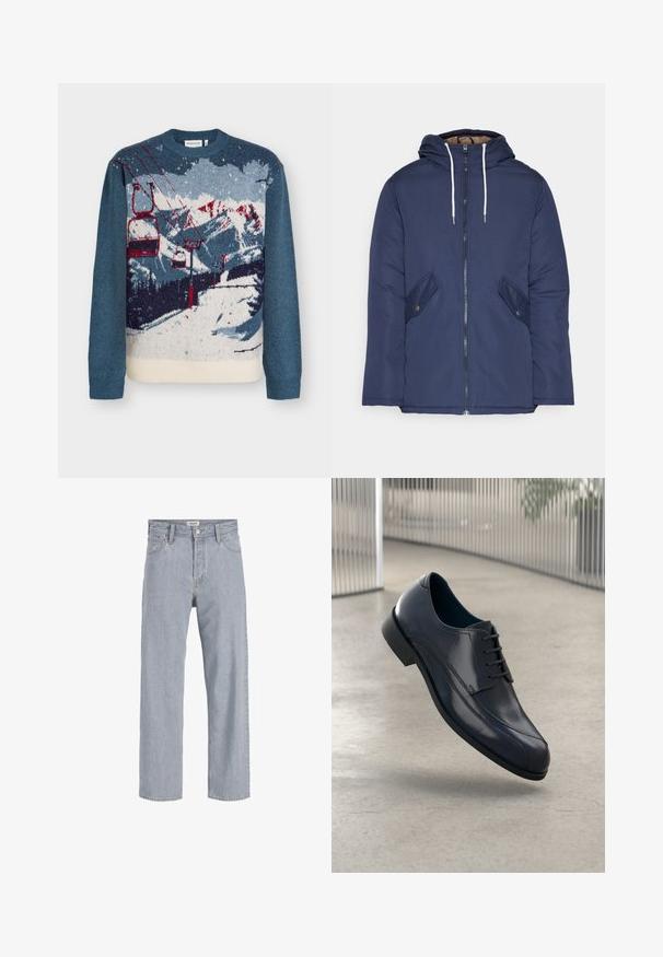 Námornícky modrá vystužená bunda s kapucňou, so zipsom vpredu, dvomi bočnými vreckami s gombíkmi a bielymi šnúrkami.; Sveter s pleteným horským motívom so ski liftmi. Predovšetkým modrý s bielymi, červenými a sivými detailmi. S okrúhlym výstrihom a dlhými rukávmi.; Svetlomodré džínsy s uvoľneným strihom, rovný strih nohavíc, viditeľné stehy, dve predné vrecká a zapínanie na gombík.; Lesklá čierna kožená obuv na šnurovanie, ktorá sa vznáša nad hladkým, svetlošedým podlahou a vertikálnymi kovovými tyčami v pozadí.