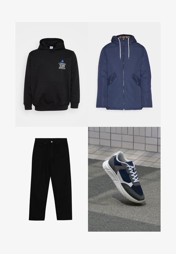 Mørkeblå polstret jakke med hætte, fremhævet af en frontlynlås, to sidelommer med knapper og hvide snore.; Sort hættetrøje med en frontlomme. Funker i hvid og blå tekst: "KAFFE ARBEJDE SOVE GENTAG" over et grafisk billede af en siddende person.; Sorte denimbukser med lige ben, fem lomme-design og knaplukning foran. Glat tekstur med minimale syninger.; Sneakers med en overdel i marineblå mesh, grå suedeteksturer, hvid gummisål og flade hvide snørebånd, designet til komfort og åndbarhed.