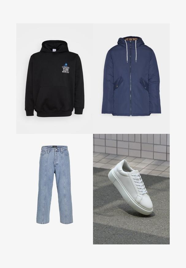 Veste matelassée bleu marine avec capuche, dotée d'une fermeture éclair à l'avant, de deux poches latérales avec boutons et de cordons de serrage blancs.; Sweat-shirt à capuche noir avec une poche avant. Présente un texte blanc et bleu : "CAFÉ TRAVAIL DORMIR RÉPÉTER" au-dessus d'un graphique d'une personne assise.; Jean en denim bleu clair avec une coupe ample, des jambes larges et des détails de couture visibles. Il dispose d'une fermeture à bouton et zip, ainsi que de cinq poches.; Baskets en cuir blanc avec une surface lisse, bout rond et lacets plats blancs. Présentent une semelle en caoutchouc texturée et des éléments de design minimalistes.