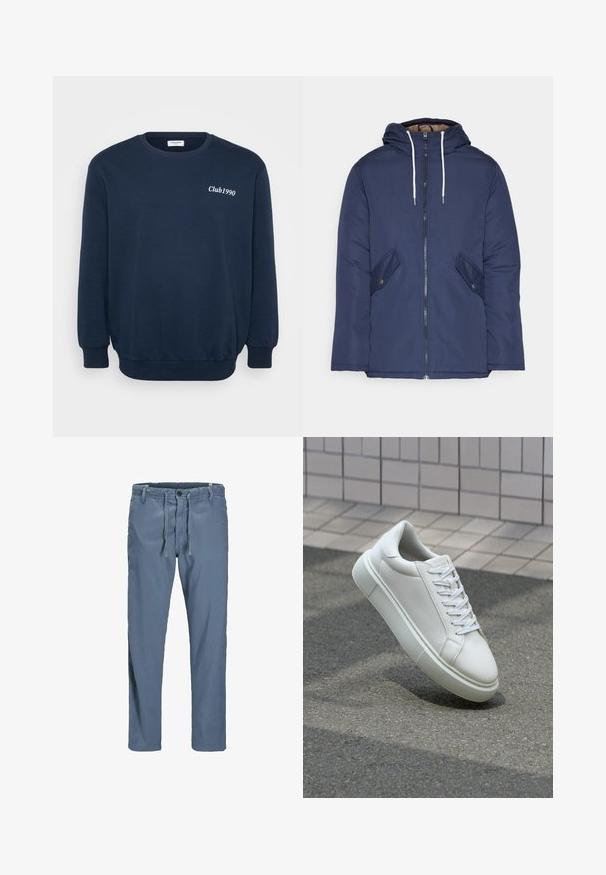 Jūras zila pufīgā jaka ar kapuci, kas aprīkota ar priekšējo rāvējslēdzēju, divām sānu kabatām ar pogām un baltiem aukliņām.; Jūras pirmie zils sporta krekls ar garām piedurknēm, apaļu kakla izgriezumu un ribotām aprocēm. Uz krūšu ir balta izšūta "Club1990" logo.; Zili, viegli, kokvilnas bikses ar aukliņu jostasvietā, pogu aizdari un sānu kabatām. Taisna kāju dizains bez redzamām rakstām.; Baltas ādas sporta apavi ar gludu virsmu, apaļu pirkstu un plakanām baltām šņorēm. Iezīmējas ar strukturētu gumijas zoli un minimālisma dizaina elementiem.