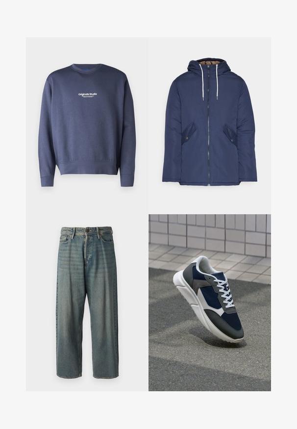 Casaco acolchoado azul-marinho com capuz, apresentando um fecho frontal com zíper, dois bolsos laterais com botões e cordões brancos.; Jack & Jones JORVESTERBRO CREW NECK - Camisola - nightshadow blue; Jeans de ganga azul claro com um corte solto, cintura média e pernas retas. Apresenta cinco bolsos, passadores de cinto e fecho com botão.; Sapatilha com parte superior em malha azul-marinho, detalhes em camurça cinza, sola de borracha branca e atacadores brancos planos, projetada para conforto e respirabilidade.