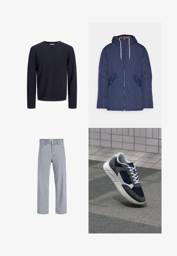 Veste matelassée bleu marine avec capuche, dotée d'une fermeture éclair à l'avant, de deux poches latérales avec boutons et de cordons de serrage blancs.; Pull bleu marine à col rond avec un motif tricoté texturé, manches longues et ourlet droit. Étiquette visible en bas à gauche.; Jean en denim bleu clair avec une coupe décontractée,à jambe droite, coutures visibles, deux poches avant et fermeture par bouton.; Baskets avec une tige en mesh bleu marine, des accents en suède gris, une semelle en caoutchouc blanc et des lacets plats blancs, conçues pour le confort et la respirabilité.