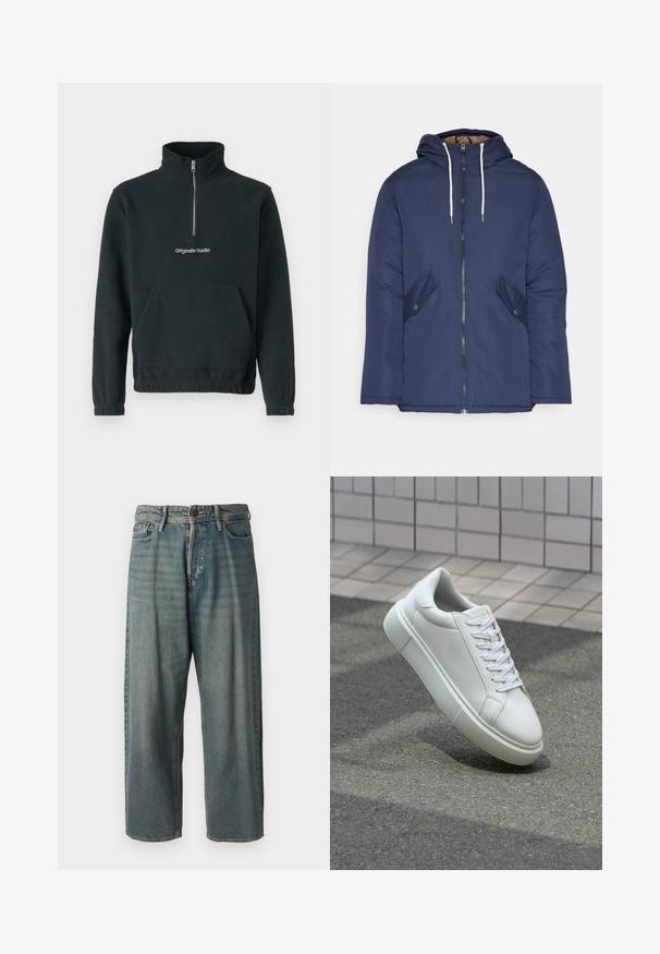 Tumesinine vahtkatseline jakk, millel on kapuuts, esilukk, kaks küljetaskut nupuga ja valged tõmblukud.; Jack & Jones JORVESTERBRO QUARTER ZIP - Fliisdžemper - forest river; Heledad sinine denim-stiilis teksad, volüümse lõike, keskmise kõrgusega talje ja sirgete säärega. Omab viit taskut, vöökumme ja nööpide sulgemist.; Valge nahkline sneka, millel on sile pind, ümar varvas ja lame valge pael. Omab tekstuuriga kummist talla ja minimaalset kujunduselementi.